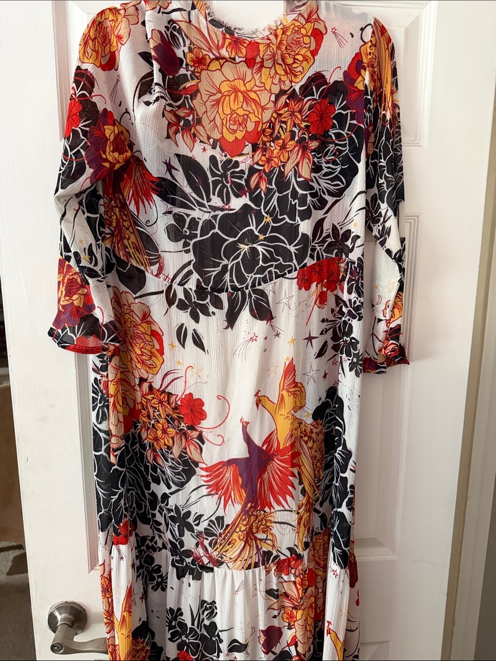 Free People Floral V-Neck Tiered Maxi Dress in White, Orange, & Black - Picture 9 of 11